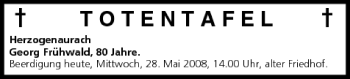 Anzeige von Totentafel vom 28.05.2008 von MGO