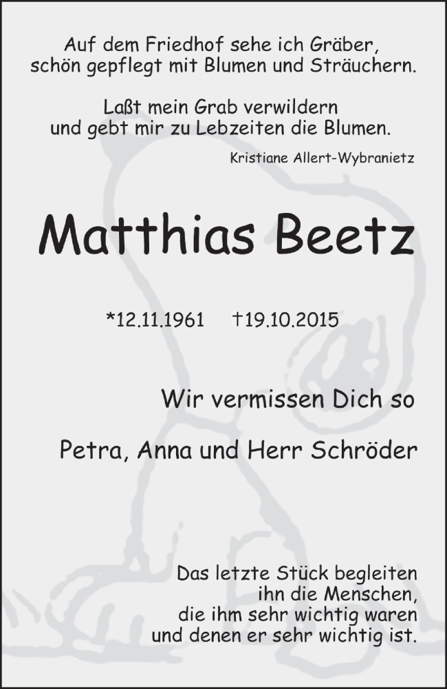  Traueranzeige für Matthias Beetz vom 02.11.2015 aus MGO
