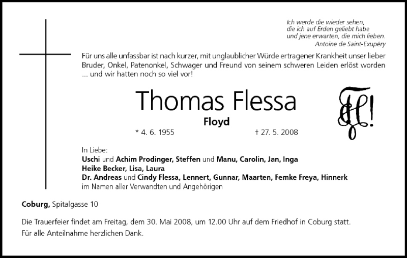  Traueranzeige für Thomas Flessa vom 29.05.2008 aus MGO