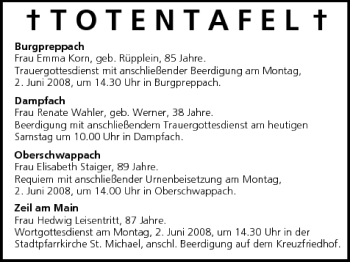 Anzeige von Totentafel vom 31.05.2008 von MGO