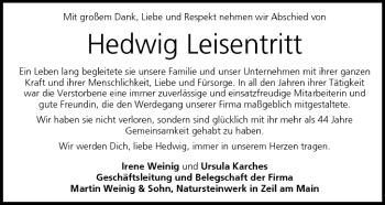 Anzeige von Hedwig Leisentritt von MGO