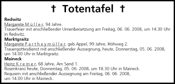 Anzeige von Totentafel vom 05.06.2008 von MGO