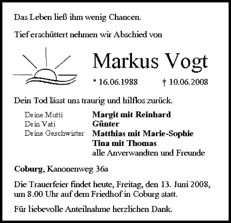  Traueranzeige für Markus Vogt vom 13.06.2008 aus MGO