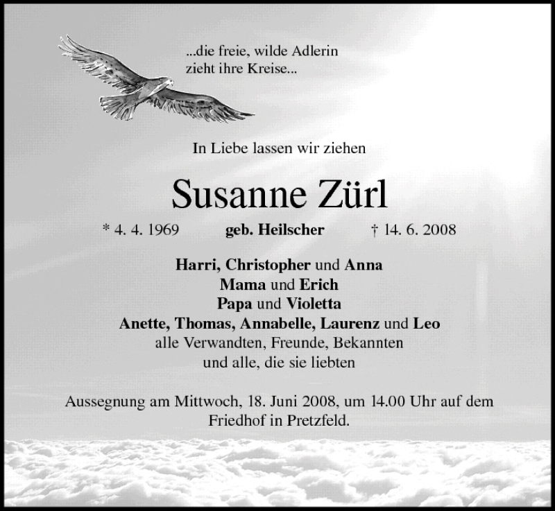  Traueranzeige für Susanne Zürl vom 17.06.2008 aus MGO