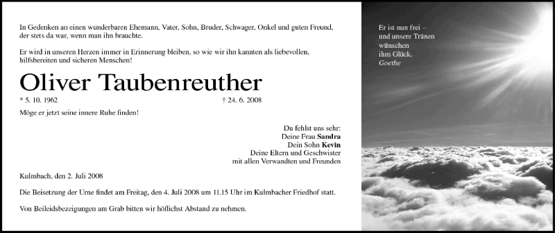  Traueranzeige für Oliver Taubenreuther vom 02.07.2008 aus MGO