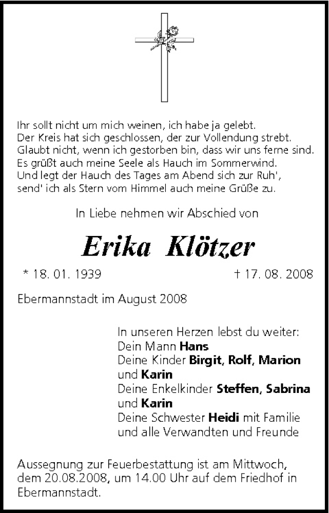 Traueranzeige für Erika Klötzer vom 19.08.2008 aus MGO