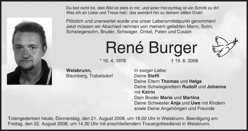  Traueranzeige für Rene Burger vom 21.08.2008 aus MGO