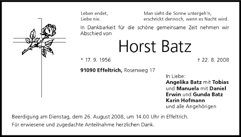  Traueranzeige für Horst Batz vom 25.08.2008 aus MGO