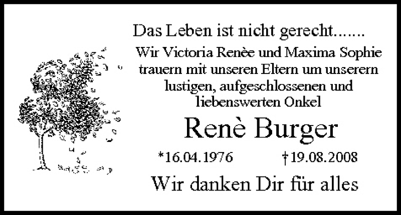  Traueranzeige für Rene Burger vom 30.08.2008 aus MGO