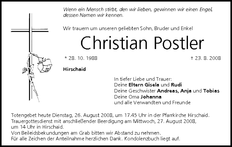  Traueranzeige für Christian Postler vom 26.08.2008 aus MGO