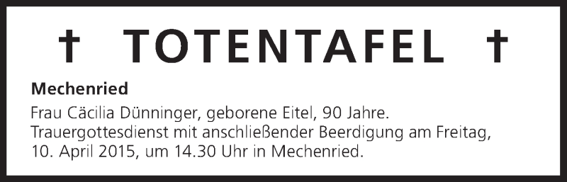  Traueranzeige für Totentafel vom 10.04.2015 vom 10.04.2015 aus MGO