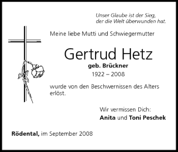 Anzeige von Gertrud Hetz von MGO