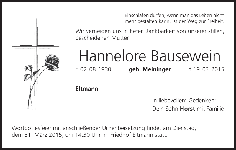  Traueranzeige für Hannelore Bausewein vom 28.03.2015 aus MGO