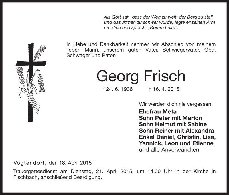 Traueranzeige für Georg Frisch vom 18.04.2015 aus MGO