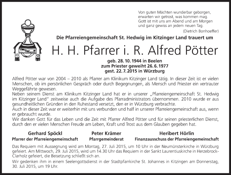  Traueranzeige für Alfred Pötter vom 25.07.2015 aus MGO