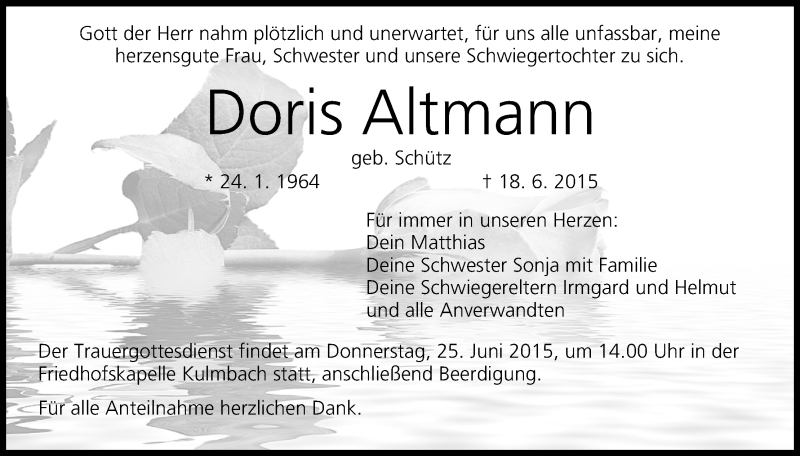  Traueranzeige für Doris Altmann vom 22.06.2015 aus MGO