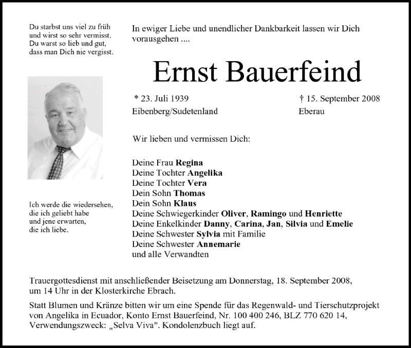  Traueranzeige für Ernst Bauerfeind vom 17.09.2008 aus MGO