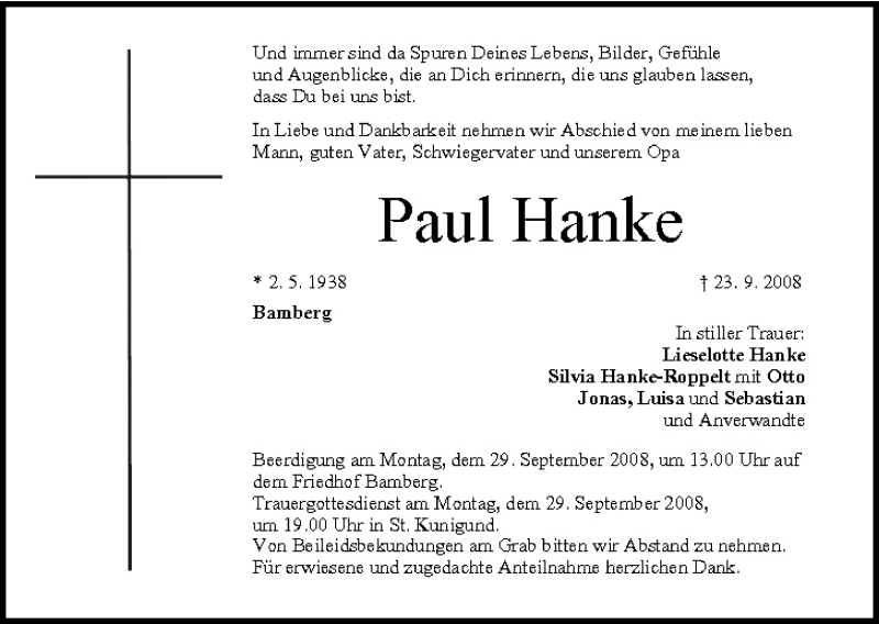  Traueranzeige für Paul Hanke vom 27.09.2008 aus MGO