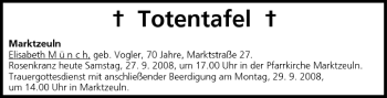 Anzeige von Totentafel vom 27.09.2008 von MGO