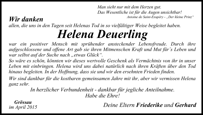  Traueranzeige für Helena Deuerling vom 29.04.2015 aus MGO