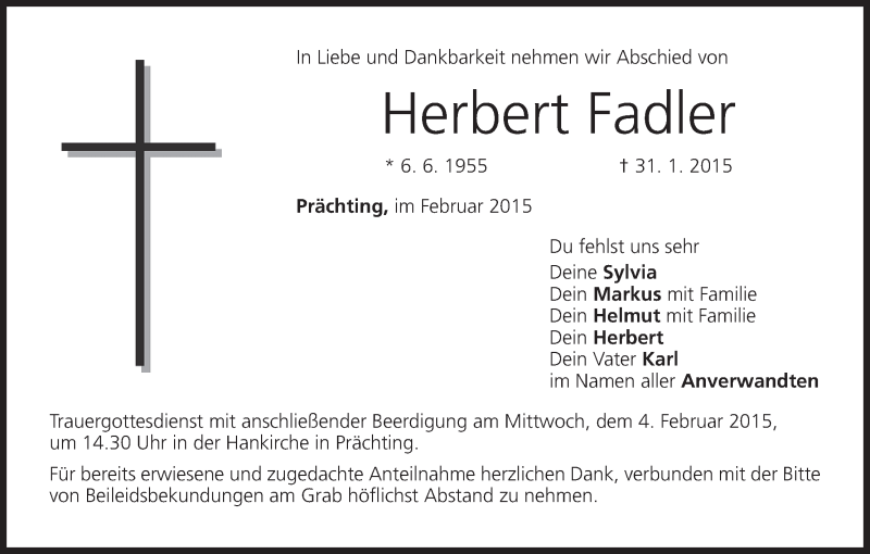  Traueranzeige für Herbert Fadler vom 03.02.2015 aus MGO