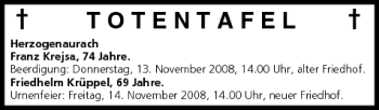 Anzeige von Totentafel vom 12.11.2008 von MGO