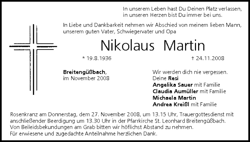  Traueranzeige für Nikolaus Martin vom 26.11.2008 aus MGO