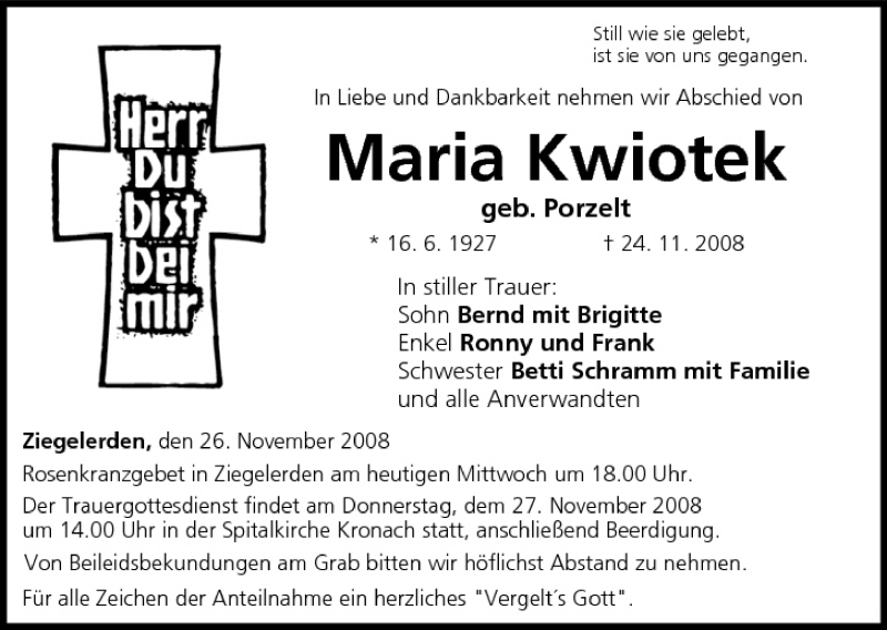  Traueranzeige für Maria Kwiotek vom 26.11.2008 aus MGO