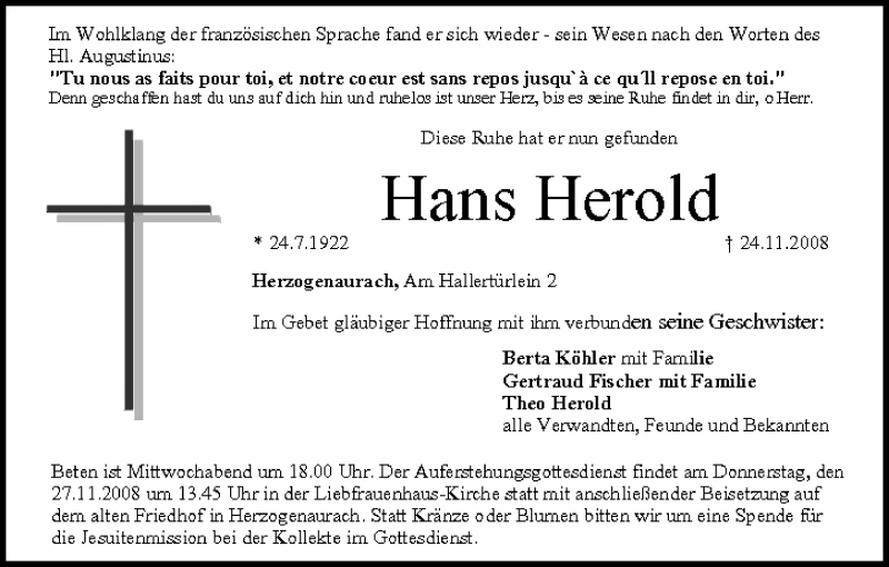  Traueranzeige für Hans Herold vom 26.11.2008 aus MGO