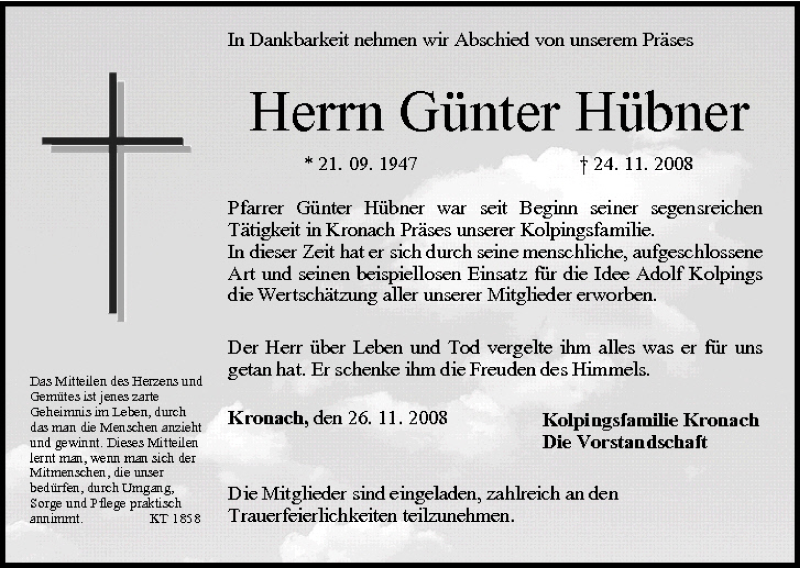  Traueranzeige für Günter Hübner vom 26.11.2008 aus MGO