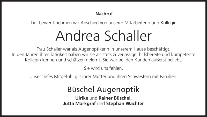 Traueranzeige für Andrea Schaller vom 04.02.2015 aus MGO