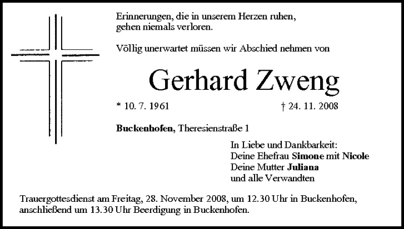  Traueranzeige für Gerhard Zweng vom 26.11.2008 aus MGO