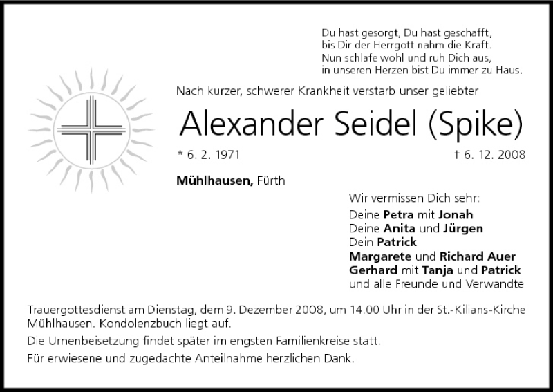  Traueranzeige für Alexander Seidel vom 08.12.2008 aus MGO