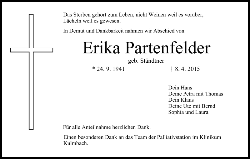  Traueranzeige für Erika Partenfelder vom 27.04.2015 aus MGO
