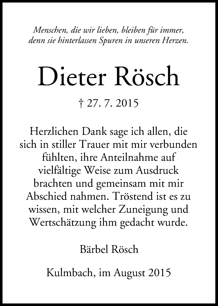  Traueranzeige für Dieter Rösch vom 08.08.2015 aus MGO