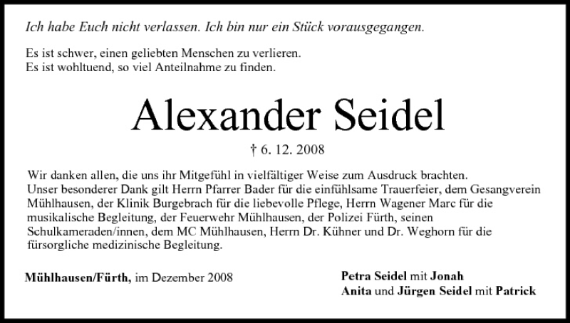  Traueranzeige für Alexander Seidel vom 27.12.2008 aus MGO