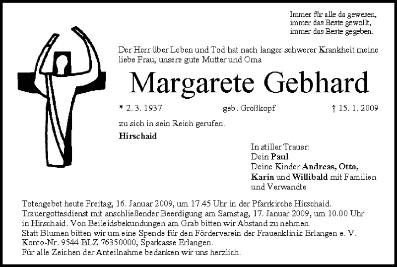 Traueranzeige für Margarete Gebhard vom 16.01.2009 aus MGO