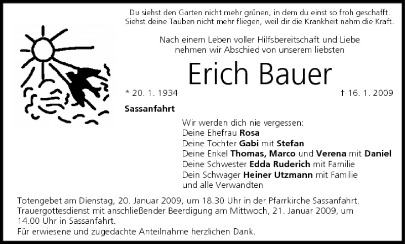  Traueranzeige für Erich Bauer vom 19.01.2009 aus MGO