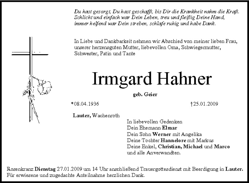  Traueranzeige für Irmgard Hahner vom 26.01.2009 aus MGO