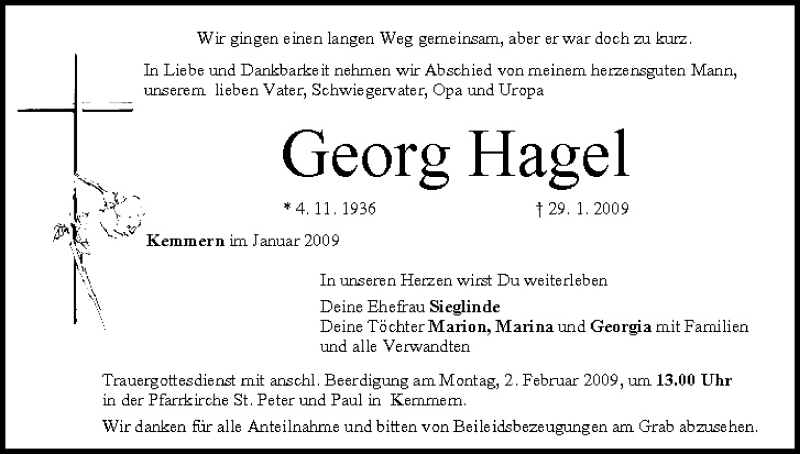  Traueranzeige für Georg Hagel vom 30.01.2009 aus MGO