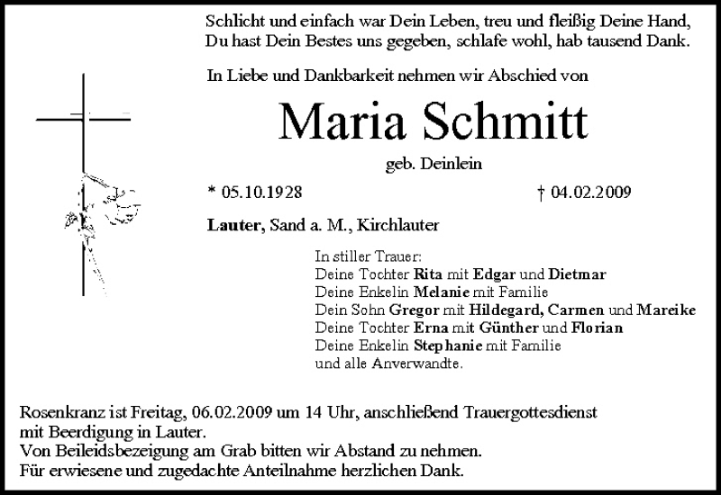 Maria Schmitt | Traueranzeige | trauer.inFranken.de