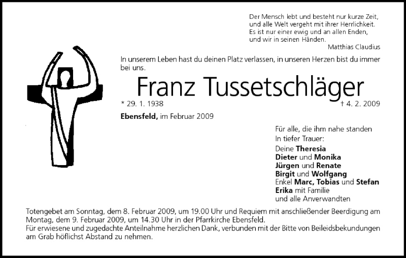  Traueranzeige für Franz Tussetschläger vom 06.02.2009 aus MGO