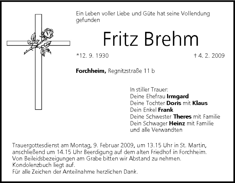  Traueranzeige für Fritz Brehm vom 06.02.2009 aus MGO