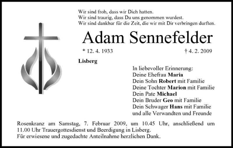 Traueranzeige für Adam Sennefelder vom 06.02.2009 aus MGO