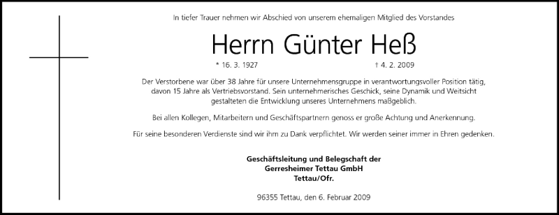  Traueranzeige für Günter Heß vom 06.02.2009 aus MGO