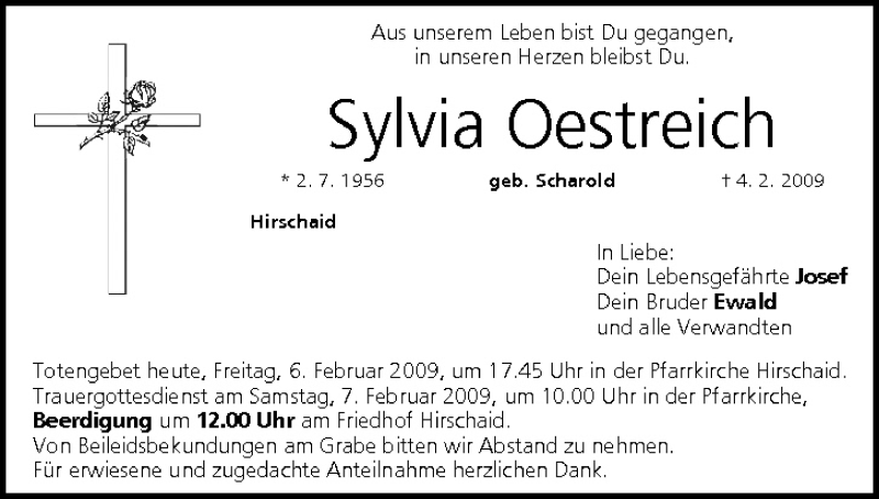  Traueranzeige für Sylvia Oestreich vom 06.02.2009 aus MGO