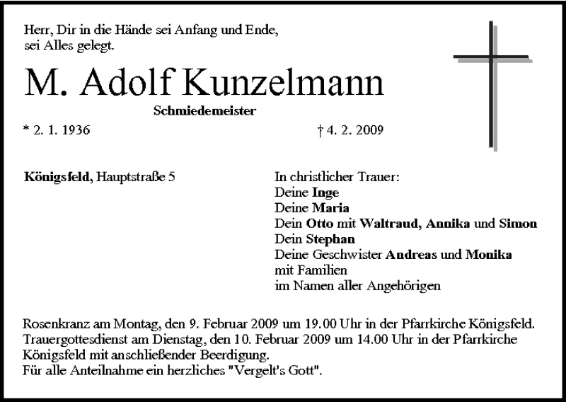  Traueranzeige für M. Adolf Kunzelmann vom 07.02.2009 aus MGO