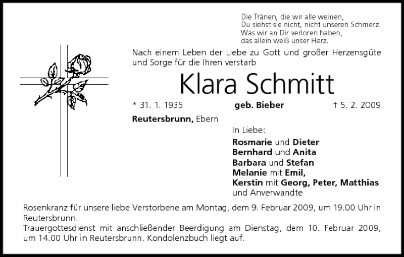  Traueranzeige für Klara Schmitt vom 07.02.2009 aus MGO