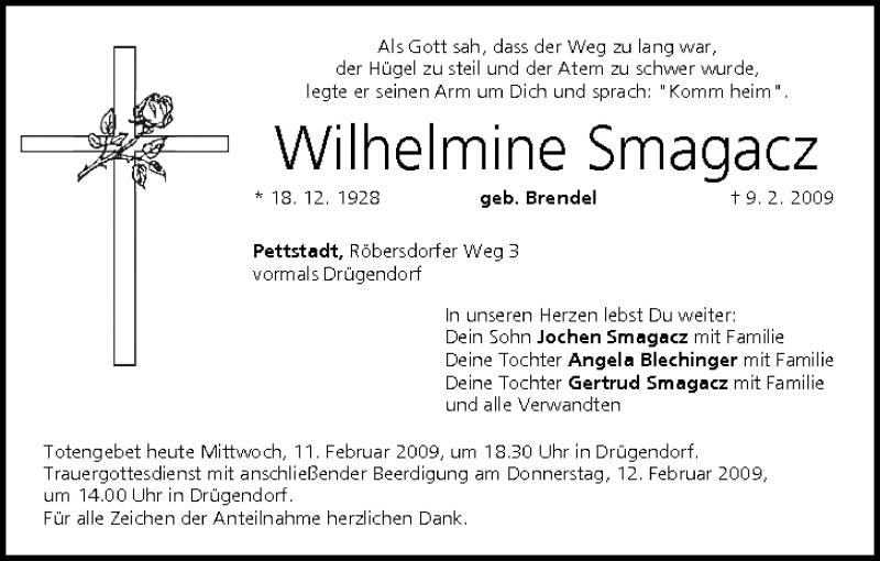  Traueranzeige für Wilhelmine Smagacz vom 11.02.2009 aus MGO