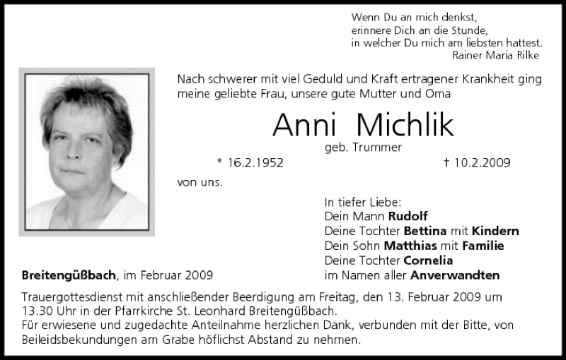  Traueranzeige für Anni Michlik vom 11.02.2009 aus MGO